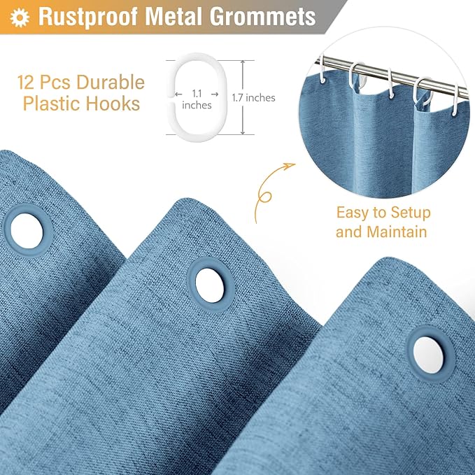 BTTN Blue Fabric Shower Curtain, Linen Textured Heavy Duty Waterproof Cloth Shower Curtain Set with 12 Plastic Hooks, Simple Hotel Luxury Decorative Shower Curtain for Bathroom, 72x72, Moonlight Blue