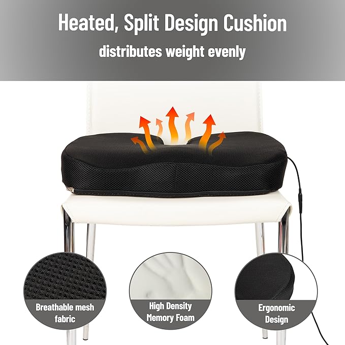 Mind Reader Heated Memory Foam Seat Cushion with Air-Cloud Support, Slim Ergonomic Cushion with 4 Heat Settings Timer and Auto Shut-Off, Black