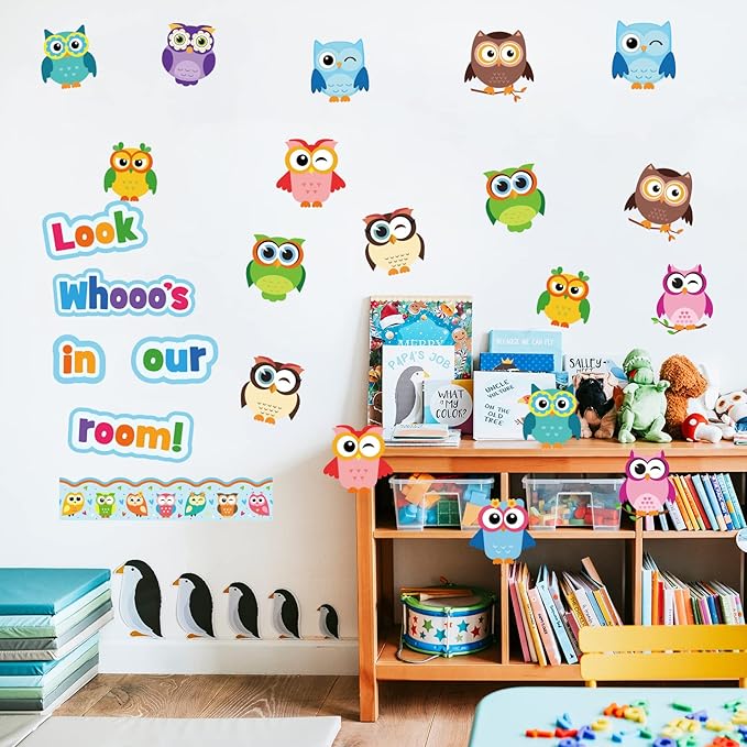 Colorful Owls Bulletin Board Decoration Set Mix Owl Borders Cutouts for Party School Classroom Door Welcome Bulletin Board Craft Home Wall(Look whooos in Our Room)