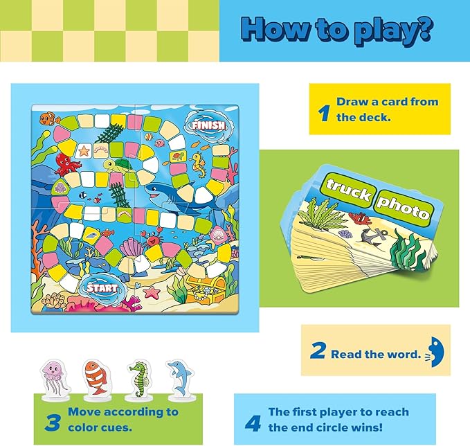 Word Ocean Phonics Board Game for Kids, Educational Learning Board Game for Boys and Girls, Reading and Spelling Game Ages 4-6, Classroom Travel Indoor Outdoor Family Game