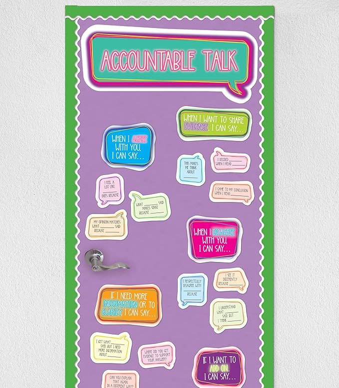 Carson Dellosa Accountable Talk Bulletin Board Set—Sentence Stem Speech Bubbles and Category Topic Signs for Group Discussions and Social-Emotional Learning, Homeschool or Classroom Décor (31 pc)