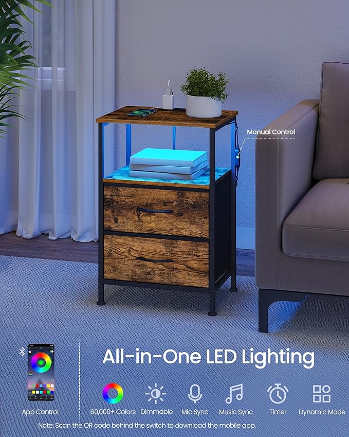 SONGMICS BELLAH Collection - Nightstand with Charging Station and App-Controlled Adjustable LED Lights, Bed Side Table, 2 Drawers and 1 Open Shelf, Bedroom, Rustic Brown and Ink Black ULGS302KD01S