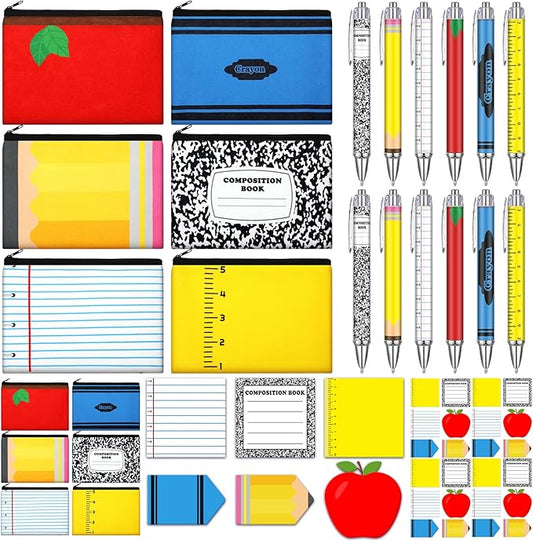 Tenceur 36 Pcs Teacher Appreciation Gifts Bulk 12 Set Pencil Pouch Ballpoints Sticky Notes Pencil Apple Crayon Notebook Designs Thank You Gifts for Teacher Employee Team Coworker Nurse Staff Supplies