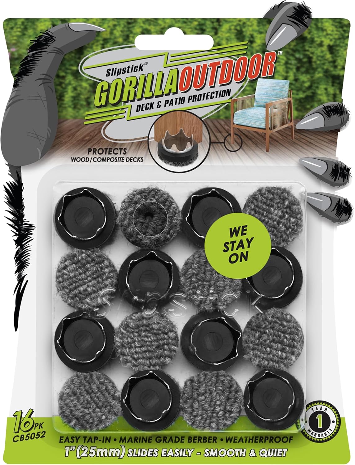 GorillaOutdoor 1 inch Round Furniture Feet Floor Protectors/Weatherproof Berber Glides for Furniture (Set of 16) Tap On Furniture Pads for Outdoor & Indoor Use