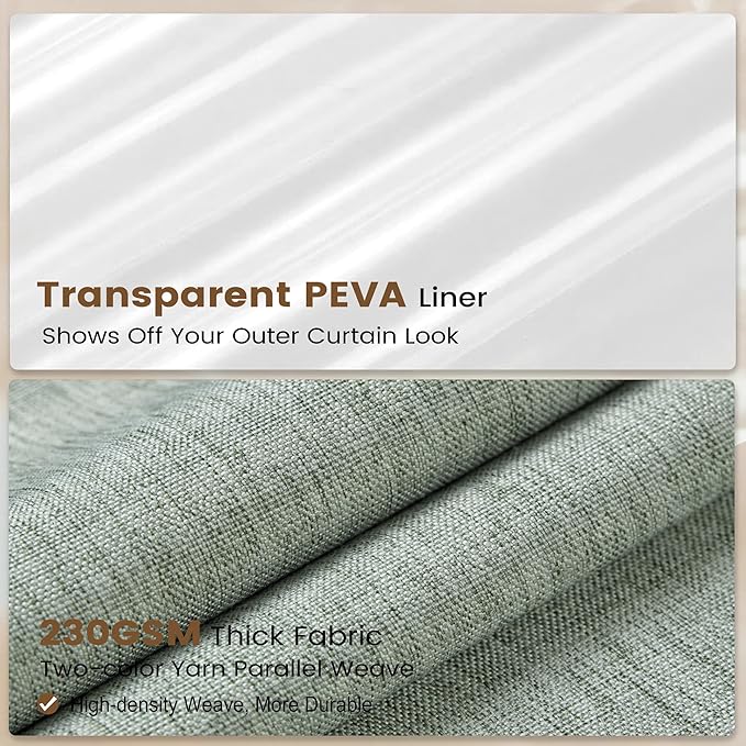 BTTN Sage Green 3 in 1 Shower Curtain Set - Linen Textured Cloth Shower Curtain and PEVA Liner with Plastic Hook and 3 Magnets, Tall Modern Neutral Waterproof Shower Curtain for Bathroom, 72x84