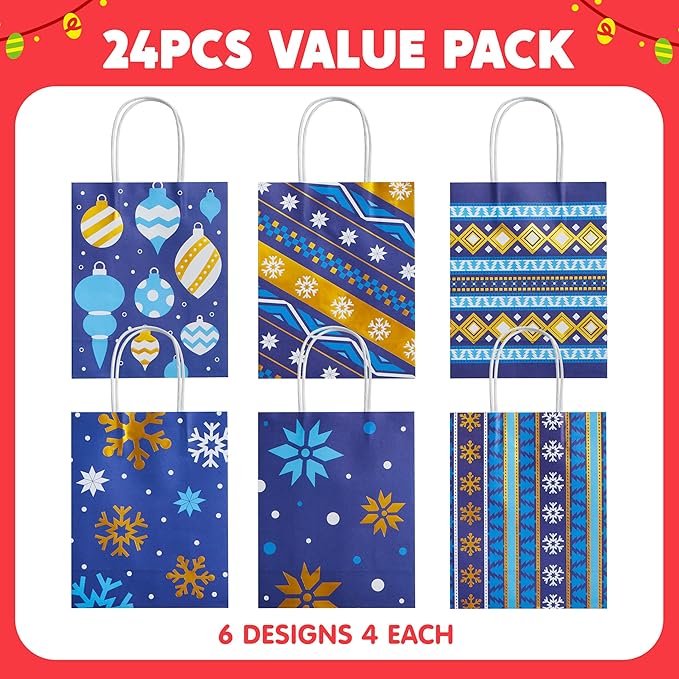 JOYIN 24 PCS Christmas Kraft Gift Bags Xmas Holiday Present Wrapping Paper Goody Bags with Handles for Classrooms and Wedding Decor, Party Favors and Decor Supplies (Blue, 9 x 7.3 x 3.3)
