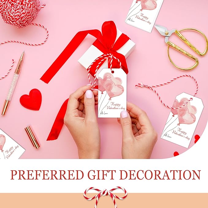 50Pcs Happy Valentines Tags for Bags - Balloon Valentine Gift Tags with String, Hanging Paper Gift Label for Wrapping Treat Bag, Idea Valentines Activity School Classroom Party Favors