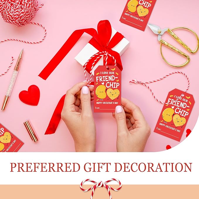 50Pcs Friend-chip Valentines Tags, Valentines Thank You Gift Label with String, Hanging Paper Gift Label for Wrapping Treat Bag, Idea Valentine's Activity School Classroom Party Favors