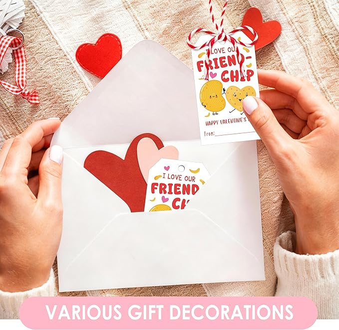 50Pcs Friend-chip Valentines Tags, Valentines Gift Label with String, Hanging Paper Gift Label for Wrapping Treat Bag, Idea Valentine's Activity School Classroom Party Favors