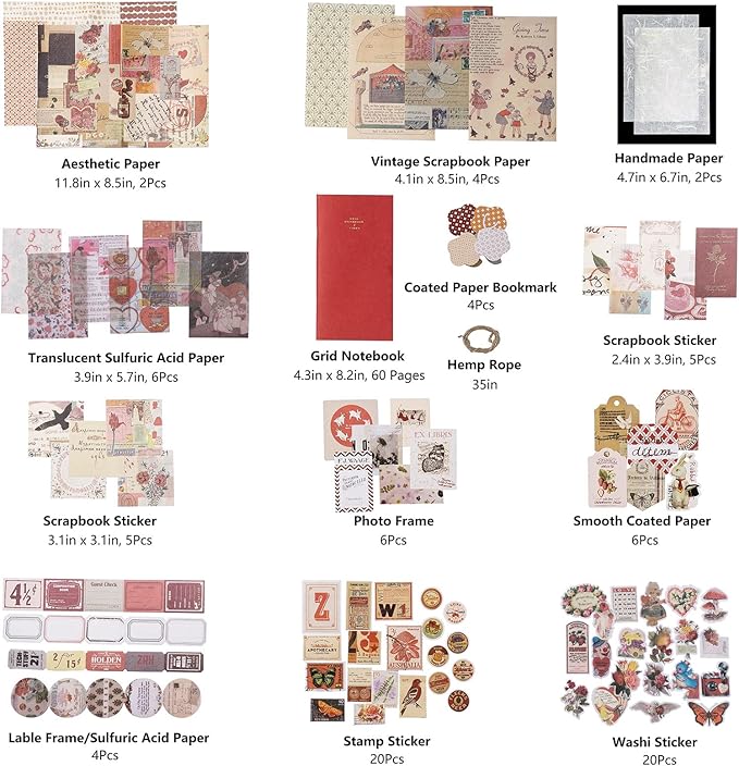 JOYCHOIC Vintage Scrapbook Supplies Aesthetic Journaling Kit, Scrapbook Papers Quote Stickers TN Notebook Large Collection for Bullet Junk Journal, Planner DIY Arts Craft Collage