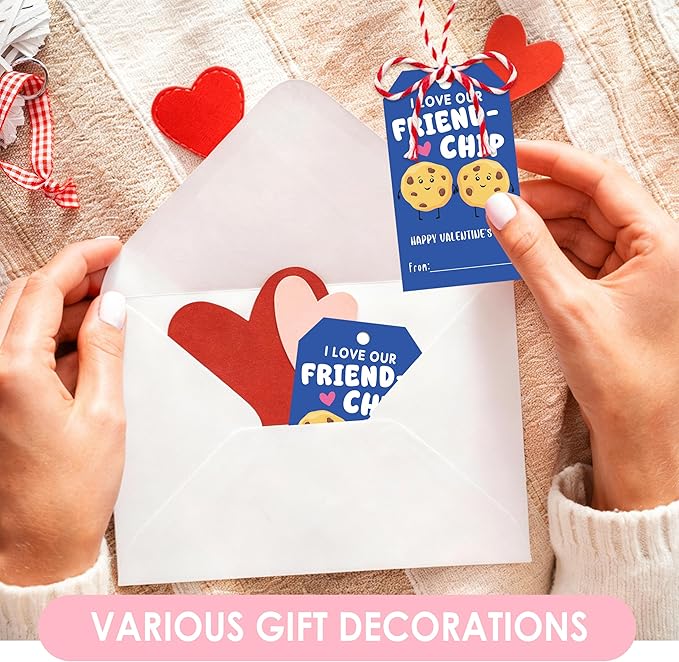 50Pcs Friend-chip Valentines Tags, Cookie Valentines Gift Label with String, Hanging Paper Gift Label for Wrapping Treat Bag, Idea Valentine's Activity School Classroom Party Favors