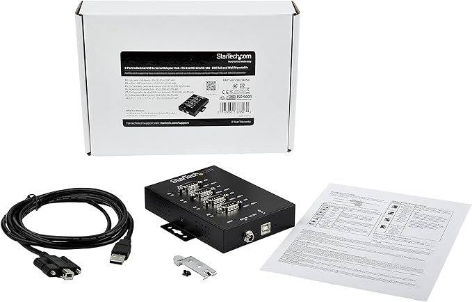 StarTech.com 4 Port Serial Hub USB to RS232/RS485/RS422 Adapter - Industrial USB 2.0 to DB9 Serial Converter Hub - IP30 Rated - Din Rail Mountable Metal Serial Hub - 15kV ESD Protection, TAA