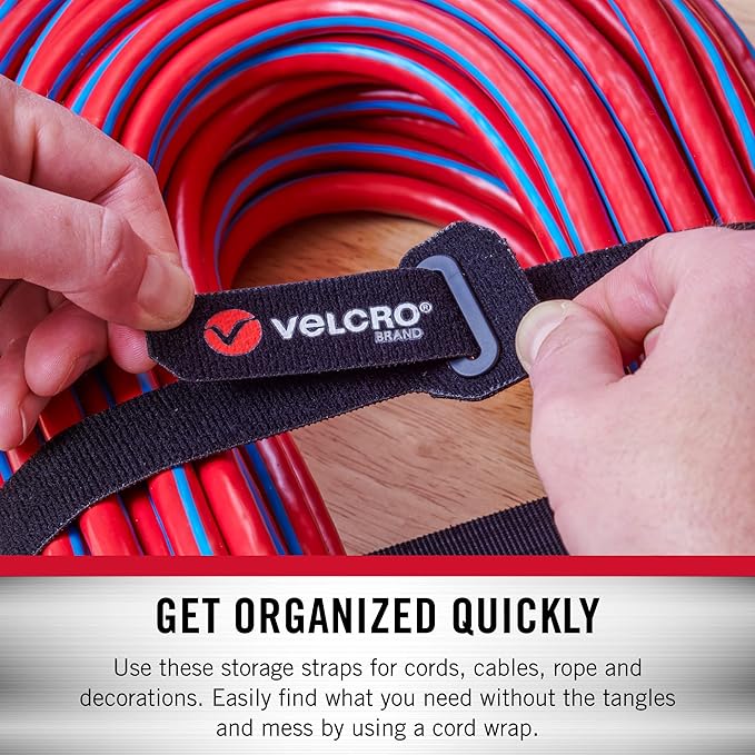 VELCRO Brand Power Cord Wraps | 24 Inch Extra Long Heavy Duty Straps for Extension Cords, Hoses, Garage Organization | 2-pack | Reinforced Head with Slotted Grommet | Black and Gray