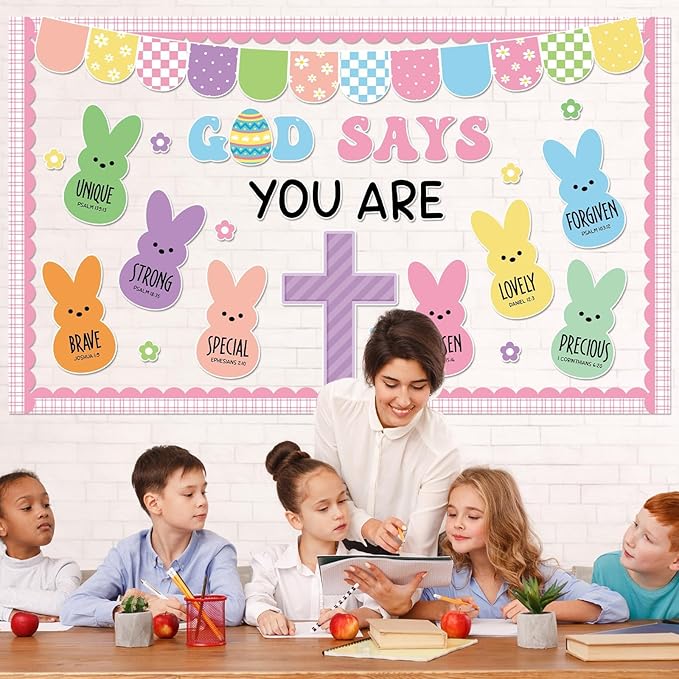 Easter Christian Bulletin Board Decorations God Says You are Religious Classroom Paper Cutouts Inspirational Cross Bunny Decor for Sunday School Church Classroom Chalkboard Wall Decor Teacher Supplies