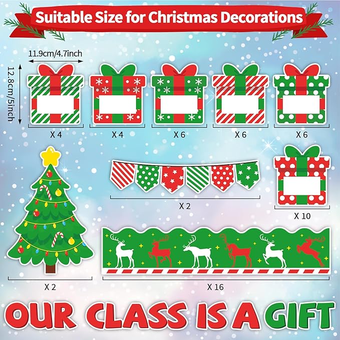 Christmas Bulletin Board Decoration Set Xmas Gift Boxes Borders Cutouts for Party School Classroom Door Welcome Bulletin Board Craft Home Wall (Our Class is a Gift)