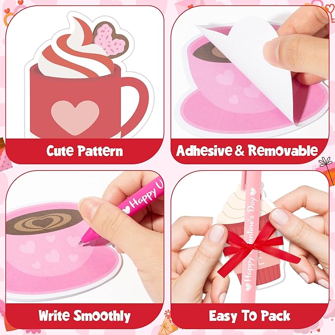Xqumoi Valentine’s Day Coffee Cup Sticky Notes with Pen Gift Set - 24 Set Heart Self Sticky Writing Memo Pads Ballpoint Pens with Mesh Bag Party Favors Wedding School Classroom Rewards Office Supplies