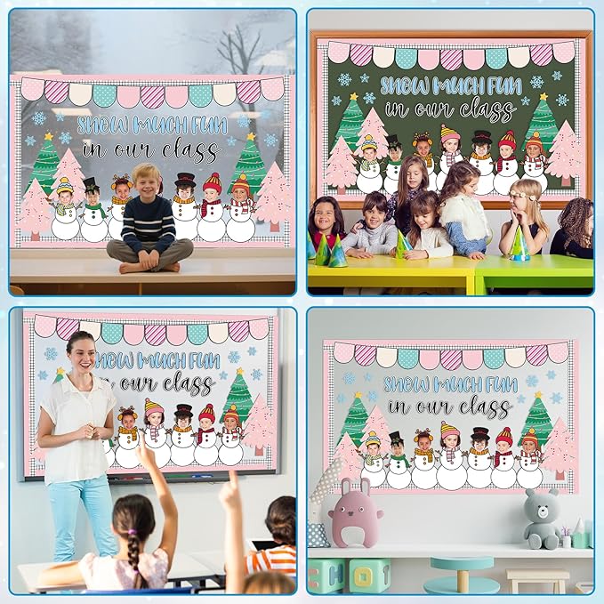 Winter Bulletin Board Decoration Set Xmas Tree Snowflakes Classroom Paper Cutouts Winter Snowman DIY Photo Bulletin Board Paper Decor for Christmas Holiday School Classroom Home Chalkboard Wall Decor