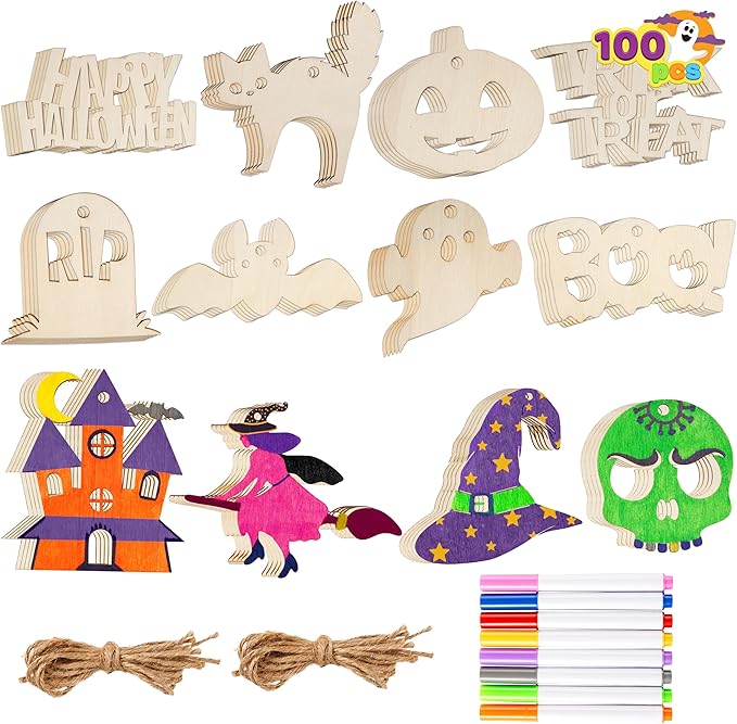 JOYIN 100 Pcs Halloween Craft Wooden Painting Kit, Halloween Party Supplies, Party Favors for Kids, Wood Blank Cutouts Ornaments, Gift Tags Decor for School Art DIY Activities Goodies Games