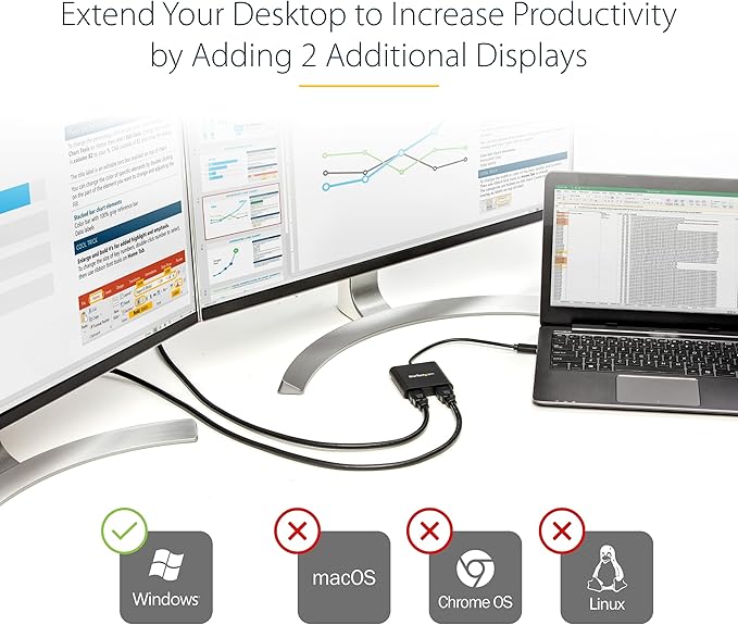StarTech.com USB 3.0 to Dual HDMI Adapter, USB to 2x HDMI Monitor Converter for Windows, TAA (no support for macOS/ChromeOS/Linux)