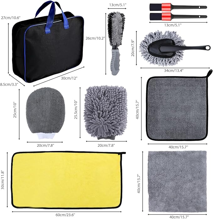 Premium Car Cleaning Kit with Bag - Professional Car Washing & Car Detailing Set, Includes Car Wash Mitts, A Game-Changing Microfibre Drying Towel, Waffle Cloths & Trio Of Brushes For A Deep Clean