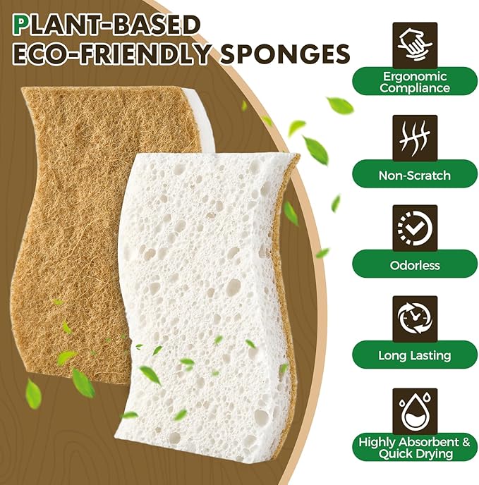 COBETE 12 Pack Natural Biodegradable Kitchen Non Scratch Sponges,Compostable Plant Based Coconut Cellulose Sponge,Eco Friendly Reusable Dish Scrubber Sponge for Pots, Pans & Household Cleaning