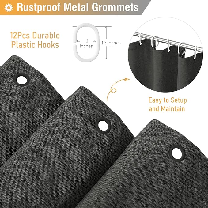 BTTN Charcoal Grey Shower Curtain - Linen Textured Heavy Duty Thick Waterproof Cloth Shower Curtain Set with 12 Plastic Hooks, Hotel Luxury Decorative Fabric Shower Curtain for Bathroom, 72x72, Gray