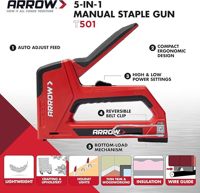 Arrow T501 5-in-1 Manual Staple and Nail Gun, Wire Stapler, and Brad Nailer for Wood, Upholstery, Construction, Insulation, Crafts, Fencing, and Cable, Black/Red