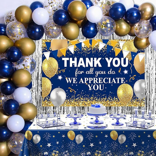 We Appreciate You Decorations Banner Blue and Gold Thank You for All You Do Backdrop, Employee Appreciation Party Decorations Coworkers Teacher Pastor Veterans Day Appreciation Decor Fringe Curtains