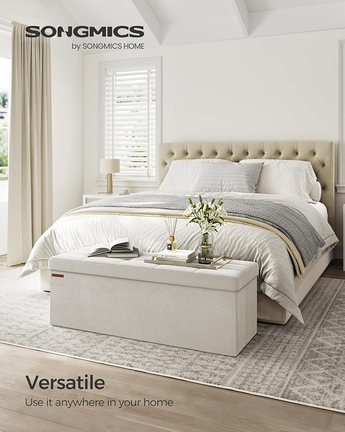 SONGMICS Mazie Collection - Storage Ottoman Bench, Foldable Foot Rest, 15 x 43 x 15 Inches, End of Bed Bench, Storage Chest, Load 660 lb, Living Room, Bedroom, Entryway, Cream White ULSF277W01