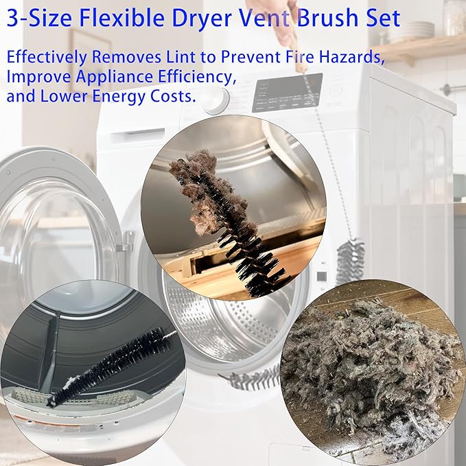 Dryer Vent Cleaner Kit, 3-Size Flexible Dryer Vent Brush Set with 2 Crevice Brushes, 17" 28" 47" Lint Trap Cleaning Tool for Dryer Vents, Refrigerator Coils, Radiator & Home Cleaning Essentials
