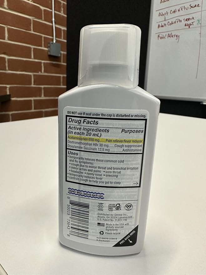 Genexa Clean Day + Night Cold & Flu Relief, Max Strength, Dye Free, 0% Artificial Additives, Acetaminophen Fever Reducer, Cough Suppressant, Antihistamine, Organic Blueberry Flavor, 12 fl oz (2 Pack)