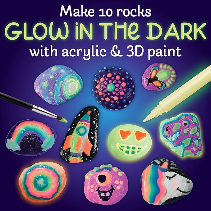 Creativity for Kids Glow in The Dark Rock Painting Kit | Paint & Decorate 10 Rocks with Vibrant Colors & Glow Accents | DIY Rock Painting Kit for Kids | Fun Arts & Crafts (Ages 6+)