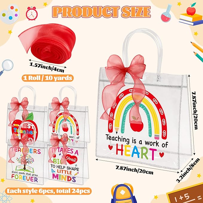 H1vojoxo Teacher Appreciation Gift Bags - 24PCS Teacher Gift Bags Bulk with Red DIY Ribbon 7.87x3.2x7.87Inch Teachers Clear PVC Gifts Bag with Handle Reusable PVC Thank You Gifts Wrap Bag for Teachers