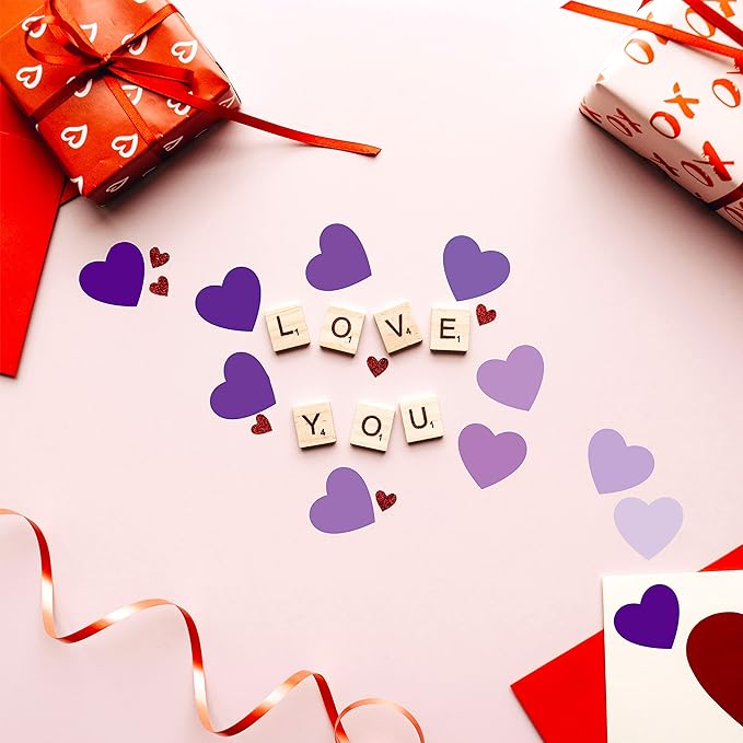 1200 PCS Purple Heart-shaped Stickers, 10 Gradient Purple Designs Self-adhesive Labels with Perforation Line in Roll, Use for Valentine's Day,Award Charts, Teachers & Classrooms, Bookmarks (3/4" Each)