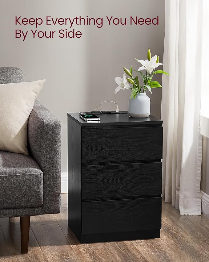 VASAGLE Nightstand with Charging Station, 2 AC Outlets and 2 USB Ports, Bedside Table, Side Table with 3 Drawers, Modern Style, 13.8 x 15.7 x 23.2 Inches, Ebony Black ULET631B58