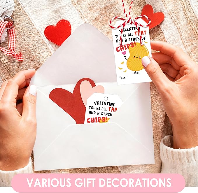 Friend-chip Valentines Tags, 50Pcs Valentines Gift Label with String, Hanging Paper Gift Label for Wrapping Treat Bag, Idea Valentine's Activity School Classroom Party Favors