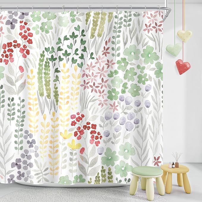 Extra Long Shower Curtain 72 x 84 Inch, Tall Cute Floral Shower Curtain for Bathroom, Sage Green Wildflower Boho Cottagecore Fabric Shower Curtain Set with Hooks