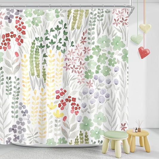 Extra Long Shower Curtain 72 x 84 Inch, Tall Cute Floral Shower Curtain for Bathroom, Sage Green Wildflower Boho Cottagecore Fabric Shower Curtain Set with Hooks