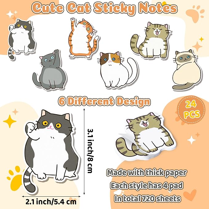 Bright Color Sticky Note - 72Pcs Cute Cat Super Sticky Note Pads Pen Ribbons Set Sticking Power Memo Pads School Supplies Office Products Page Markers Clean Removal Strong Adhesive Index Tabs