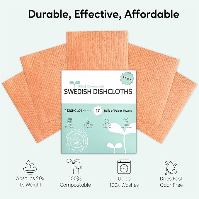 Swedish Dishcloths for Kitchen, 5 Pack Swedish Dish Cloths, Ultra Absorbent Reusable Paper Towels, Cellulose Sponge Cloths, Quick Drying, No Odor, Dishwasher Safe Orange