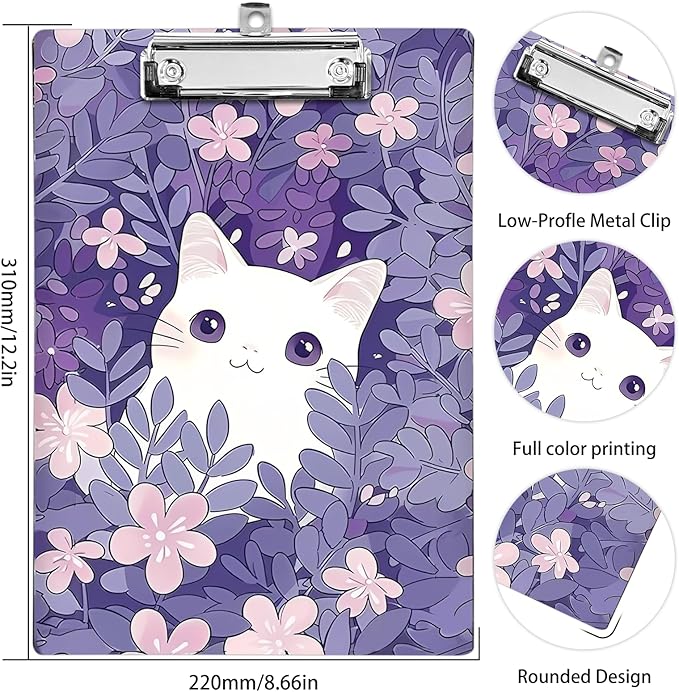 Plastic A4 Clipboards, Cute Fashion Clipboard Decorative, 12.2" x 8.7" Standard A4 Size Clipboards, Plastic Acrylic Clipboard for Teacher, Social Worker, Students,Women, Office Supplies(White Cat)