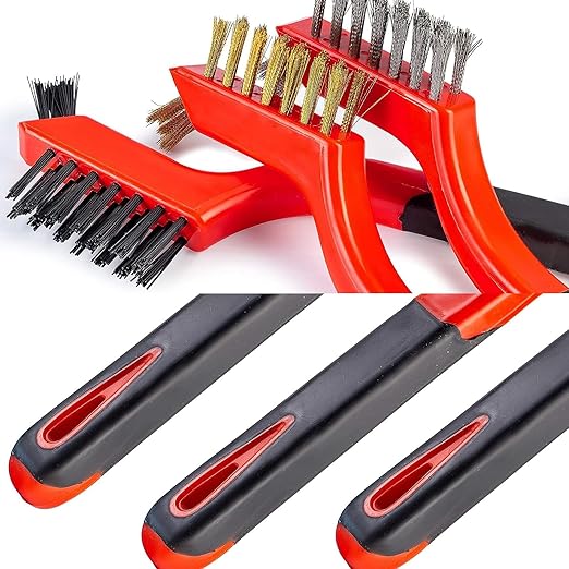 Wire Brush 9Pcs Metal Scrubber - Nylon/Brass/Stainless Steel Bristles with Curved Handle Grip for Cleaning Rust Removal, Dirt, Paint Scrubbing with Deep Cleaning – 7 Inches
