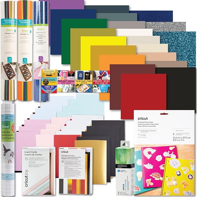 Cricut Deluxe All-in-One Materials and Accessories Bundle - 70+ Piece Beginner Sampler Material Kit for Cricut Explore Air and Maker Machines- Vinyl, HTV, Card Making Packs, and Sticker Paper