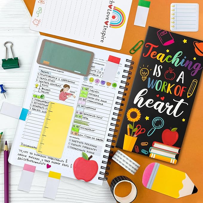 Xqumoi 4 Pcak Teaching is A Work of Heart Sticky Notes Set - Blackboard Pencil Apple Self-Stick Note Pads Teacher Appreciation Gift Writing Memo Pads Page Marker Back to School Office Supplies (Black)