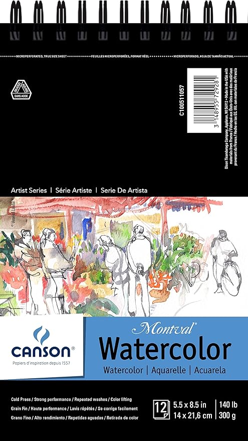 Canson Artist Series Montval Watercolor Paper, Wirebound Pad, 5.5x8.5 inches, 12 Sheets (140lb/300g) - Artist Paper for Adults and Students - Watercolors, Mixed Media, Markers and Art Journaling