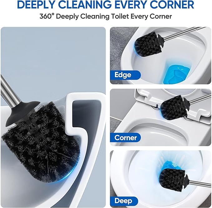 SUS304 Stainless Steel Toilet Brush and Holder Set Stain Nickle 12In Handle BristlesToilet Bowl Brush Cepillo para Baños Bathroom Brushes Cleaning Brush with Case Anti-Rust Brushed Silver