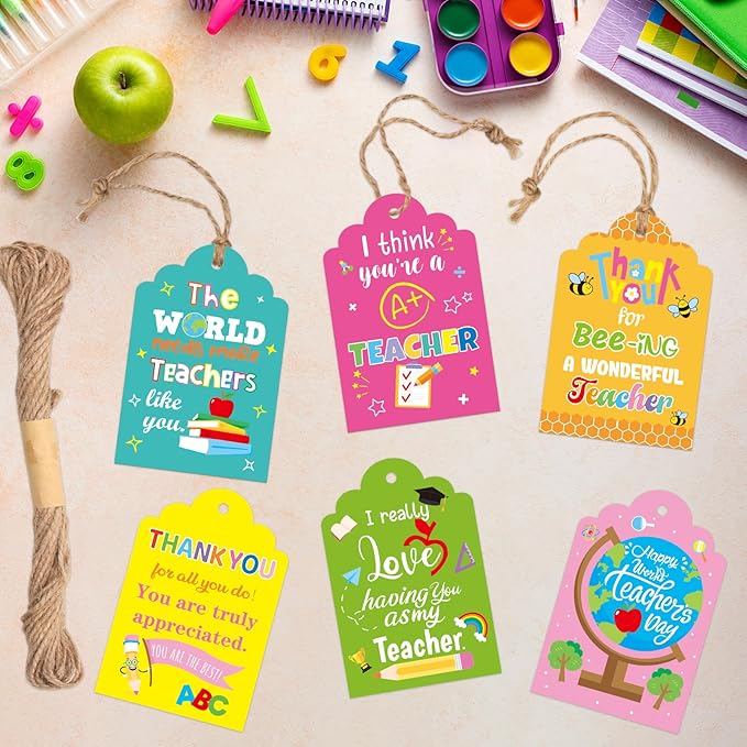 90 Pcs Thank You Teachers Tags with 99Ft String Gifts Hanging Tag Labels for Teachers Appreciation Week Wrapping Boxes Bags