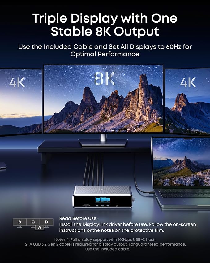 Anker Prime Docking Station (DL7400), 14-Port Triple Display with DisplayLink, 140W Max, Smart Display, Triple 4K 60Hz, Cooling Fan, for macOS and Windows (The Latest DisplayLink Driver Required)