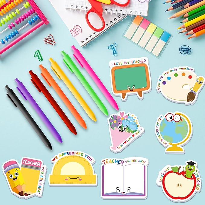Xqumoi Teacher Appreciation Sticky Notes with Pen Gift Set - 24 Set Back to School Self Sticky Writing Memo Pads Ballpoint Pens with Mesh Bag Party Favors Classroom Rewards Office Supplies