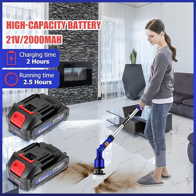 Lalafancy Bathroom Scrubber Electric with 2 Batteries, 1000RPM Cordless Spin Scrubber with 6 Replaceable Heads, Power Shower Cleaning Brush for Shower, Tile, Sink, Window, Floor, Tub, Grout
